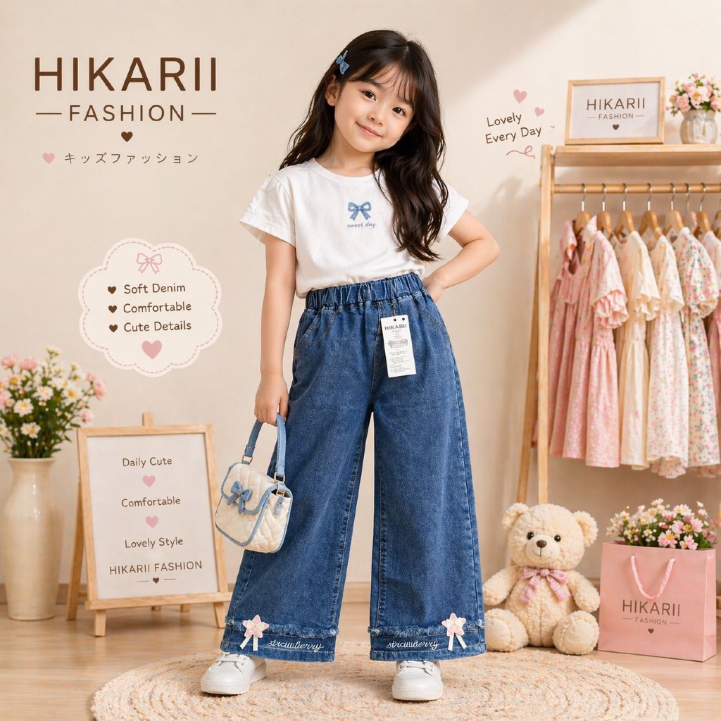 Celana Jeans Kulot Skena Terbaru Anak Perempuan Usia 6-11 Tahun Motif Pita/Bunga Random