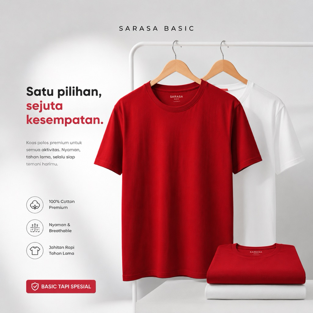 KAOS POLOS PRIA WANITA LENGAN PENDEK WARNA PUTIH MERAH