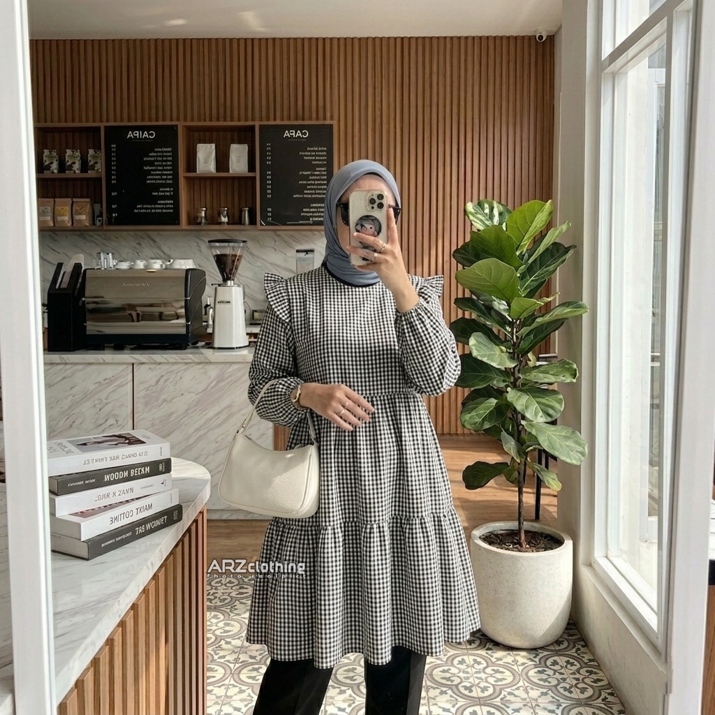 Elula Tunik Size: M L XL XXL 3XL JUMBO Tunik Kotak-kotak Model Serut Pakaian Wanita Terbaru Lengan p