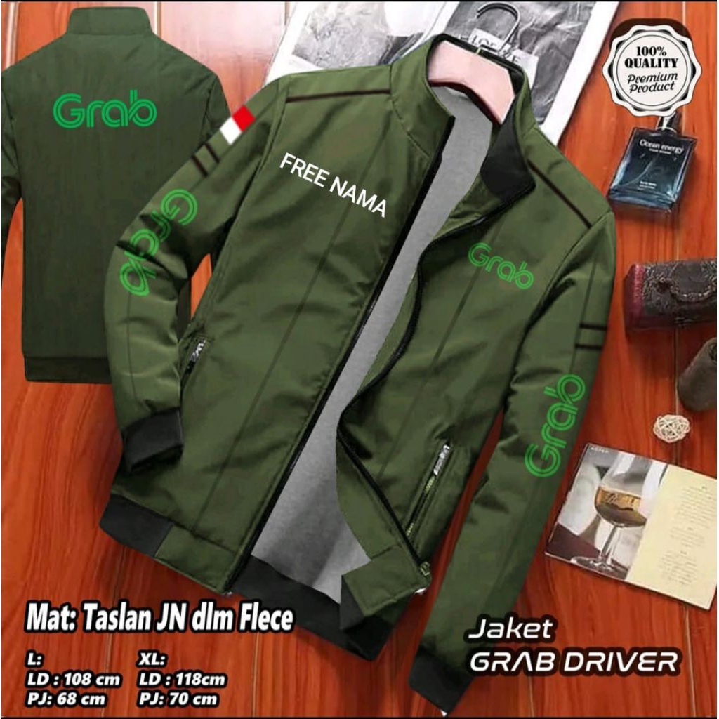 JAKET KANTONG DALAM GRAB / JAKET GRAB FOOD / JAKET GRAB BIKE / BOMBER GRAB / FREE NAMA BAHAN TASLAN 