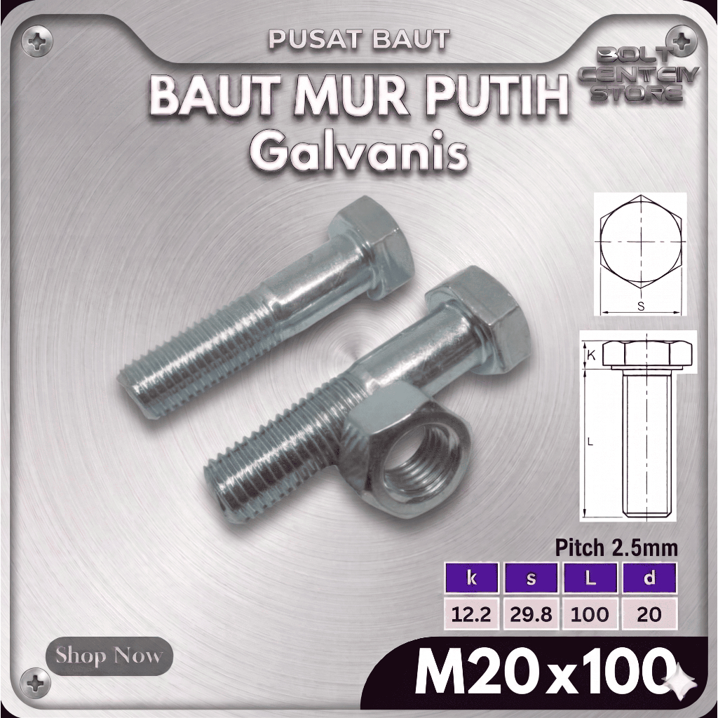 BMP M20x100 Baut Mur Putih M20 x 100 Galvanis Kunci 30