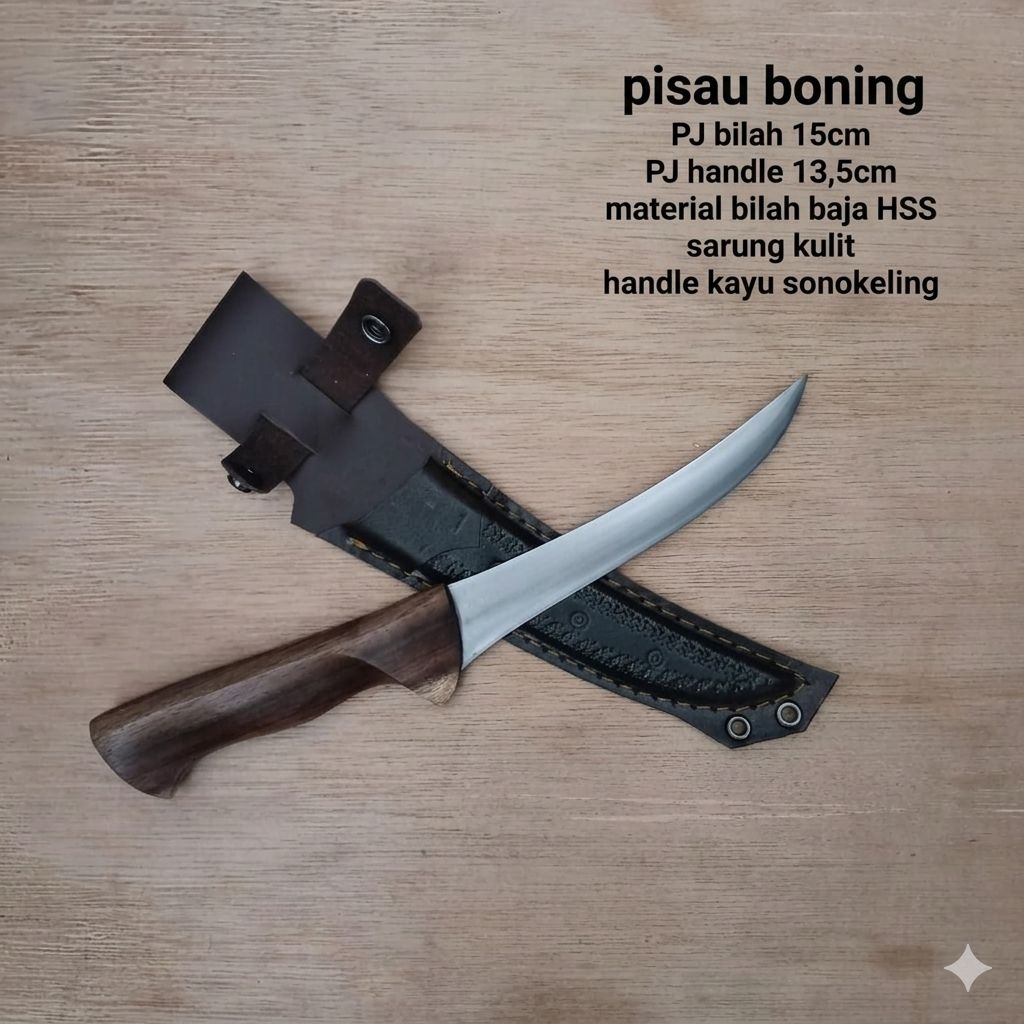 pisau boning super tajam chef knife, pisau skinner daging ,seset bajja hss, bilah 15cm sarung kulit