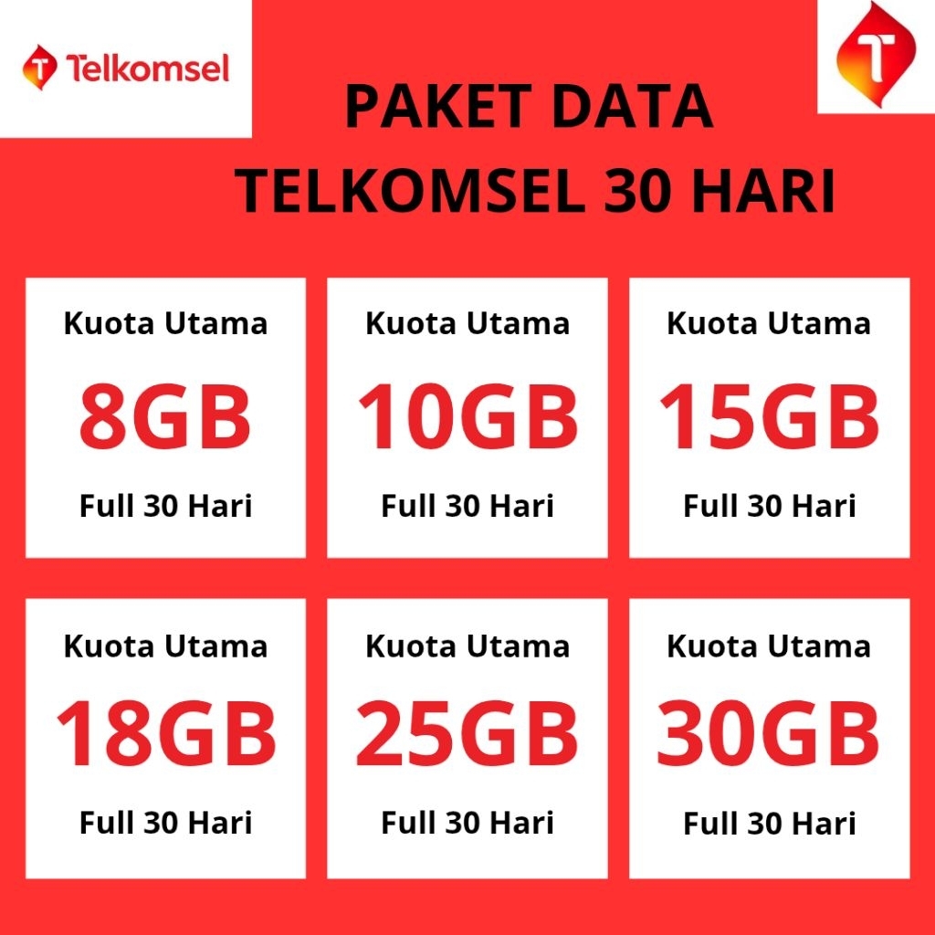 PAKET DATA FLASH TELKOMSEL MURAH FULL 30 HARI | 1GB 2GB 3GB 4GB 5GB 8GB 10GB 15GB 18GB 25GB 30GB
