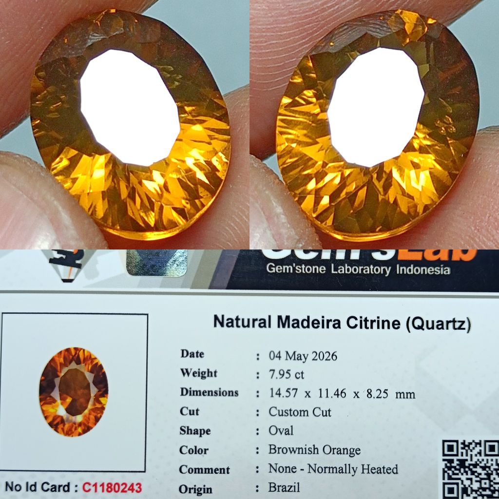 NATURAL MADEIRA CITRINE QUARTZ BIG SIZE 7.95 CARAT CUTTING CUSTOM BROWNISH ORANGE MEMO GLI LAB