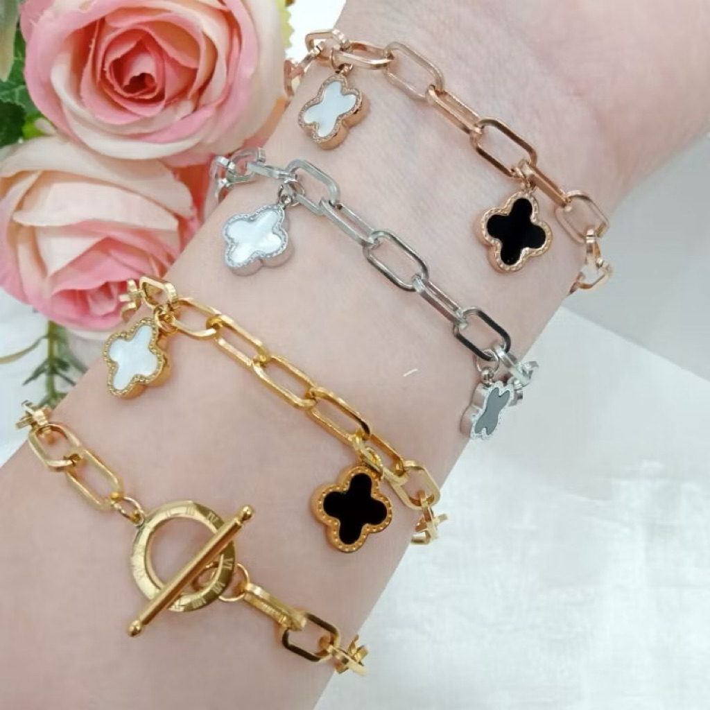 gelang rantai titanium fashion bunga clover pengait bulat