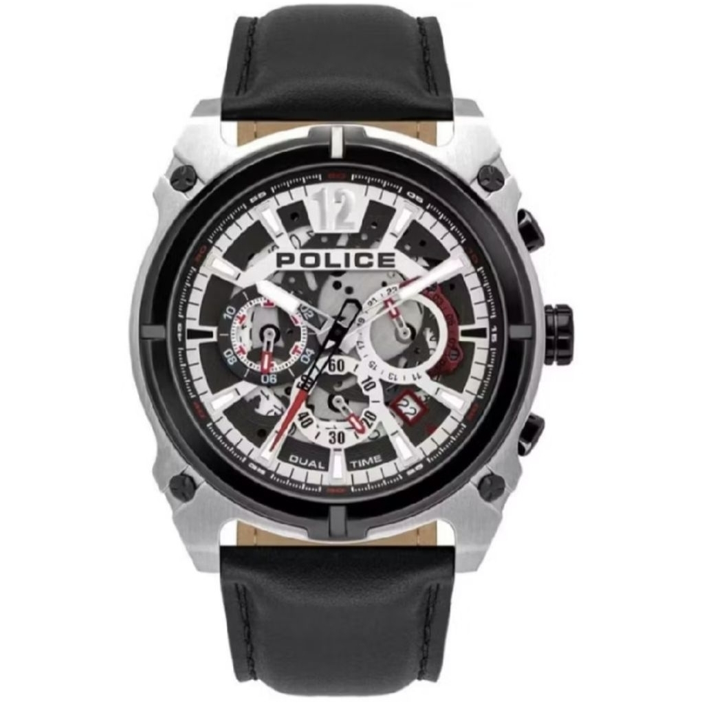 Jam Tangan Pria Police PL.16020JSTB/04 Quartz Chronograph Skeleton Dial Black Leather Strap