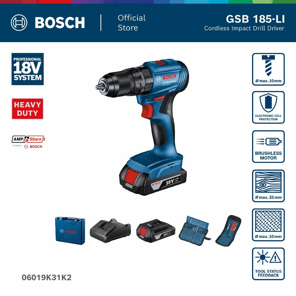 BOSCH PRO Mesin Bor Impact Baterai + Set Mata Bor - Impact Drill Cordless 18V GSB 185-LI | Bor Tanpa