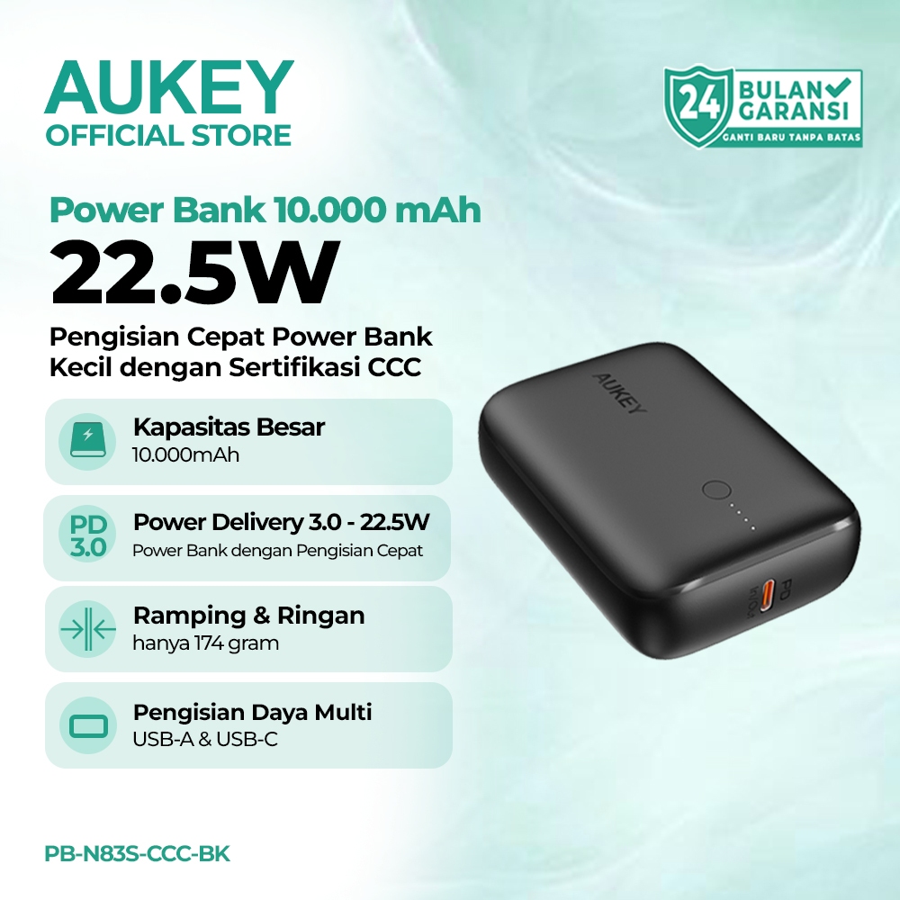 AUKEY Powerbank CCC 10000mAh USB-C 22.5W PD Fast Charging iPhone Samsung Laptop Original Garansi PB-