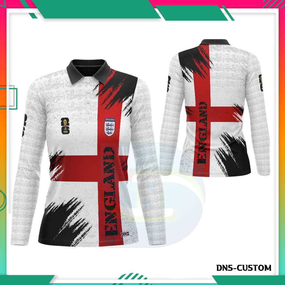 Kaos Polo Wangki England Wanita Lengan Panjang Baju Bola Casual Sporty Premium Custom
