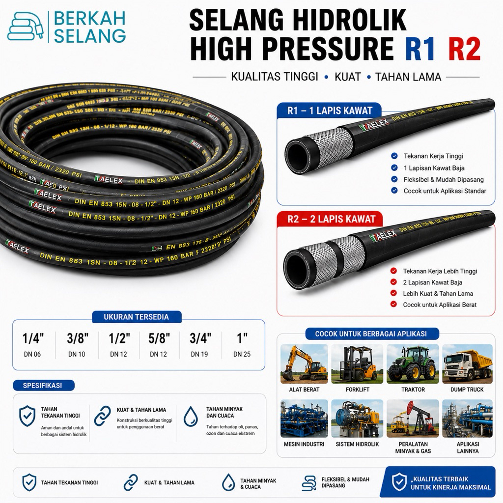 SELANG HIDROLIK HYDRAULIC R1 R2 | 1/4” 3/8” 1/2” 5/8” 3/4” 1” INCH | HOSE LAPIS SERAT KAWAT WIRE HIG