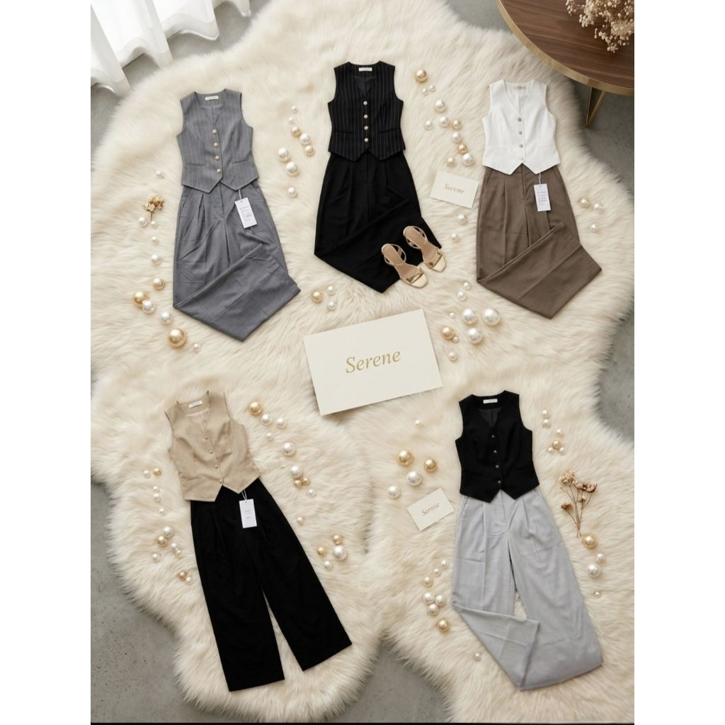 Setelan Vest Wanita, Vest Semiwool Import, Wide Leg Pants Set, One Set Kantor PremiumRompi V-Neck Wa