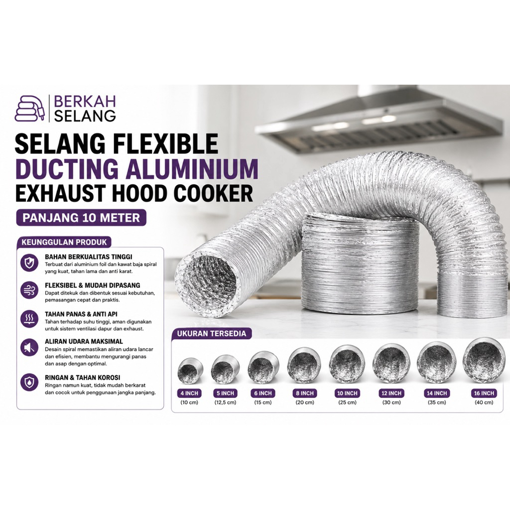 SELANG FLEXIBLE DUCTING ALUMINIUM EXHAUST HOOD COOKER 10 METER