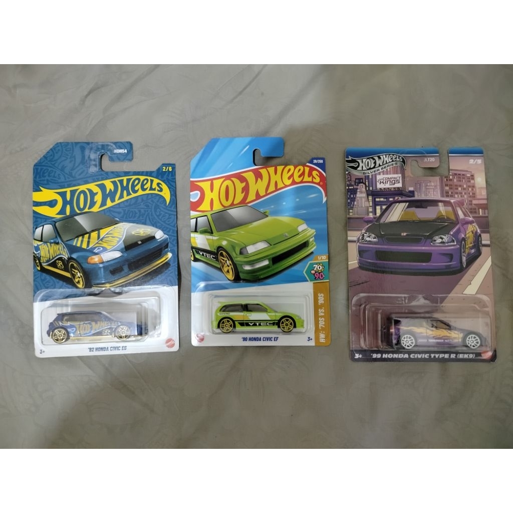 Hot Wheels 92 Honda Civic EG + Hot Wheels 90 Honda Civic EF + Hot Wheels 99 Honda Civic Type R (EK9)
