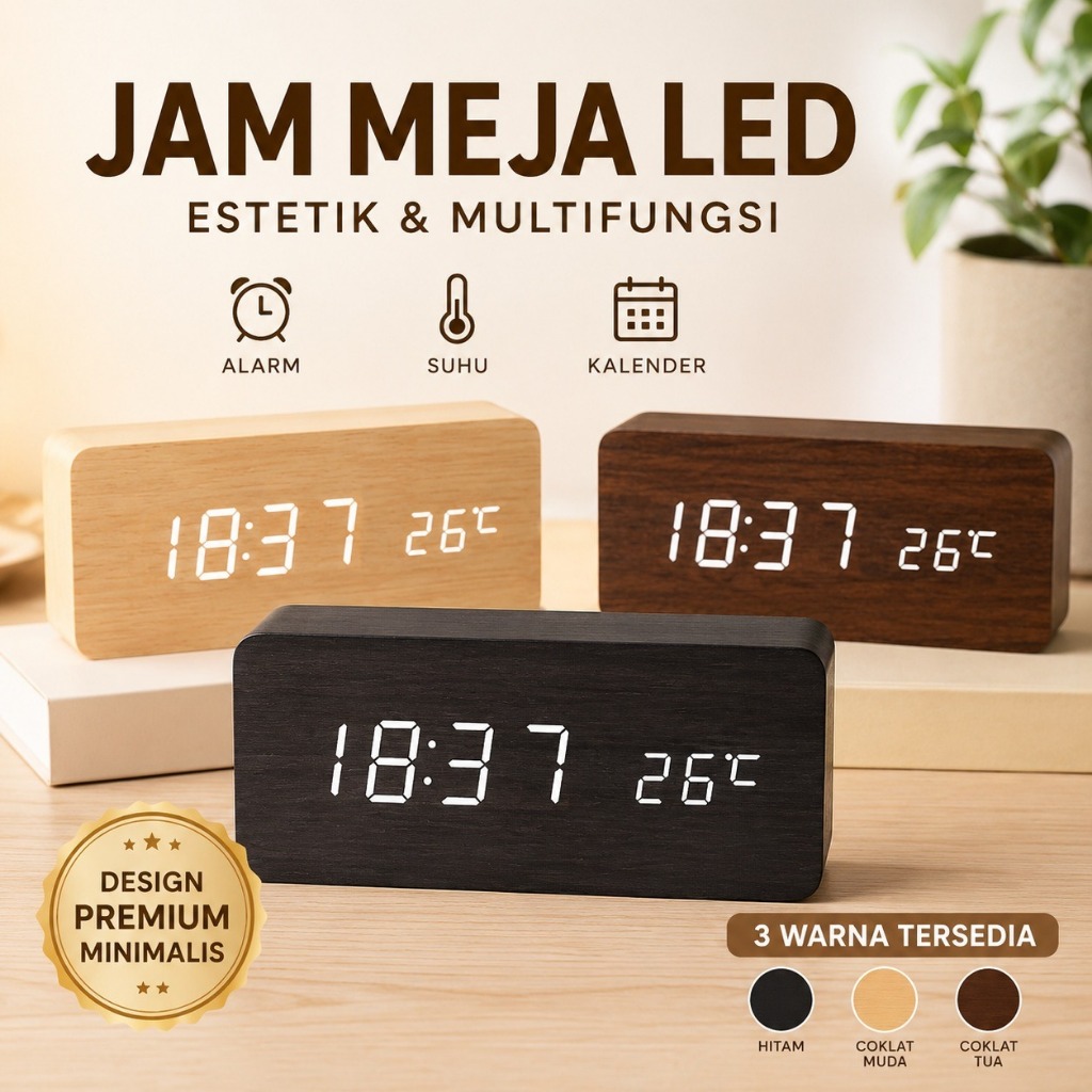 Jam Meja Kayu Digital Led Weker Desain Wood Alarm LED jd-03 Clock Waker Suhu temperature Date Tangga