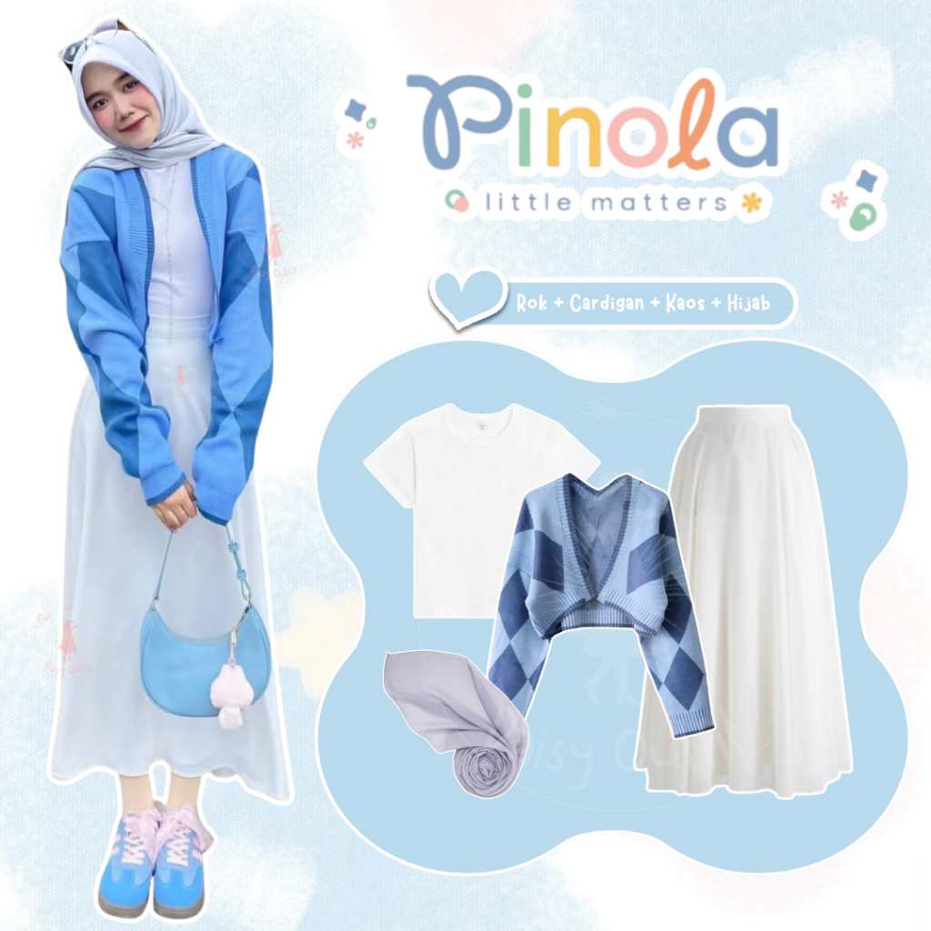 One Set Rok dan Atasan 4in1 OOTD Korean Style / Cardigan Abstrak Diamond + Rok Joda Payung + Kaos Pu