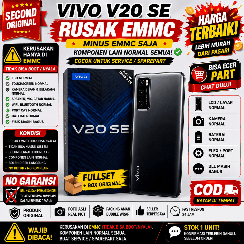 Vivo V20 SE 8/128GB Rusak EMMC Fullset Box Ori – LCD Mulus, Semua Normal Kecuali EMMC | HP Murah Ser
