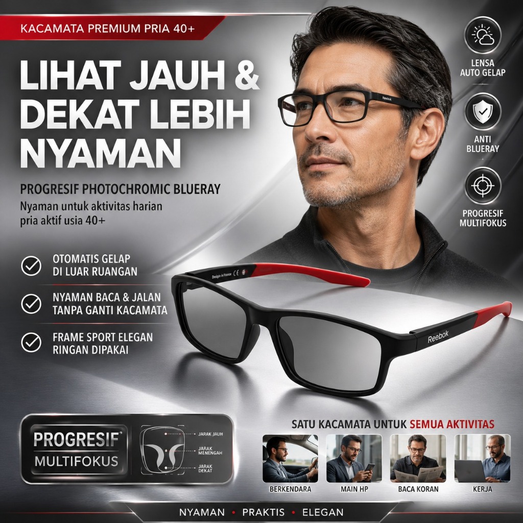 Kacamata Baca Dan Jalan Progresif Photochromic Blueray Pria Sport Kaca Mata Plus Usia 45 Ke Atas