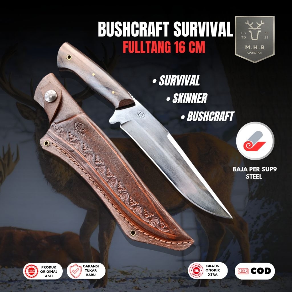 MHB | Pisau Skinner Bushcraft Survival Memancing Multifungsi Baja Per sup9 Fulltang | Pisau Outdoor 