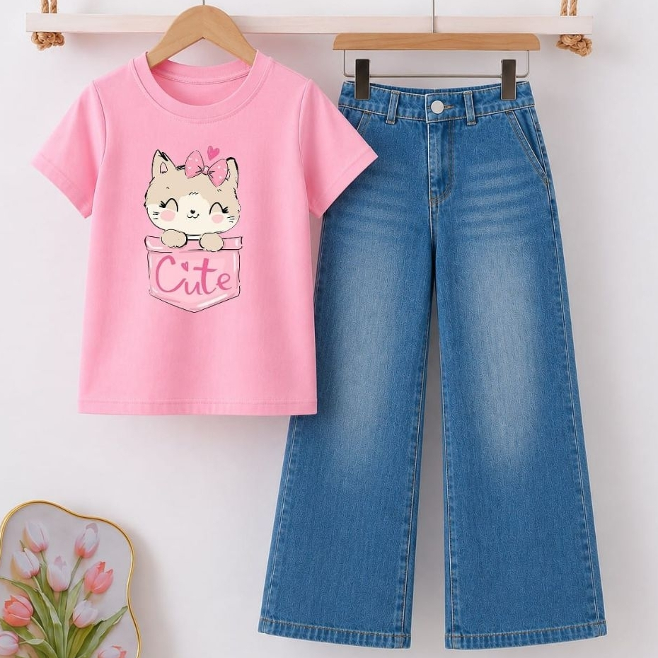 Setelan Anak Cewek Kaos Pink Cute Celana Jeans Panjang Casual 1-12 TahunBaju Anak
