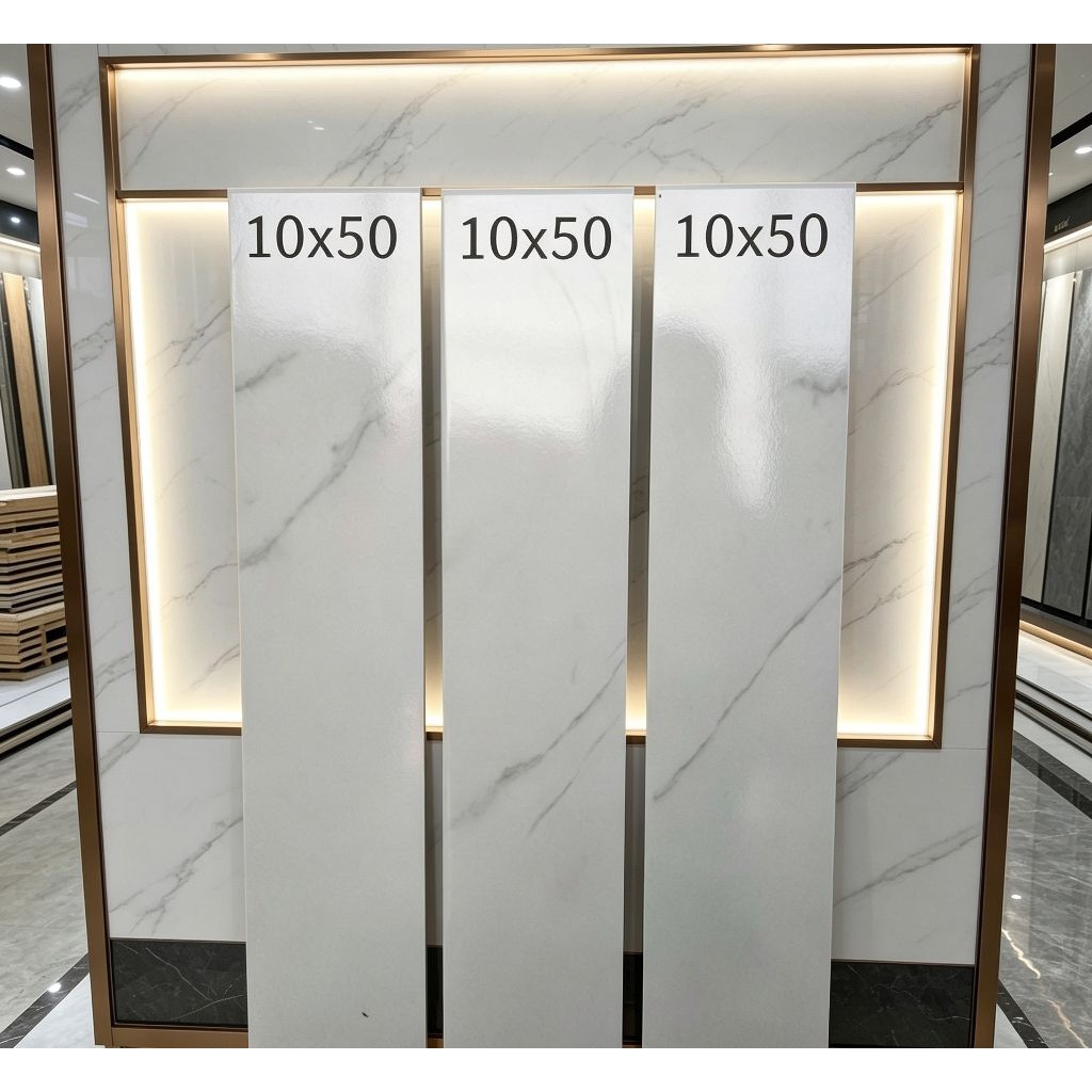 List Keramik Uk 10x50 Motif Putih Carara Texture Glossy/Kilap