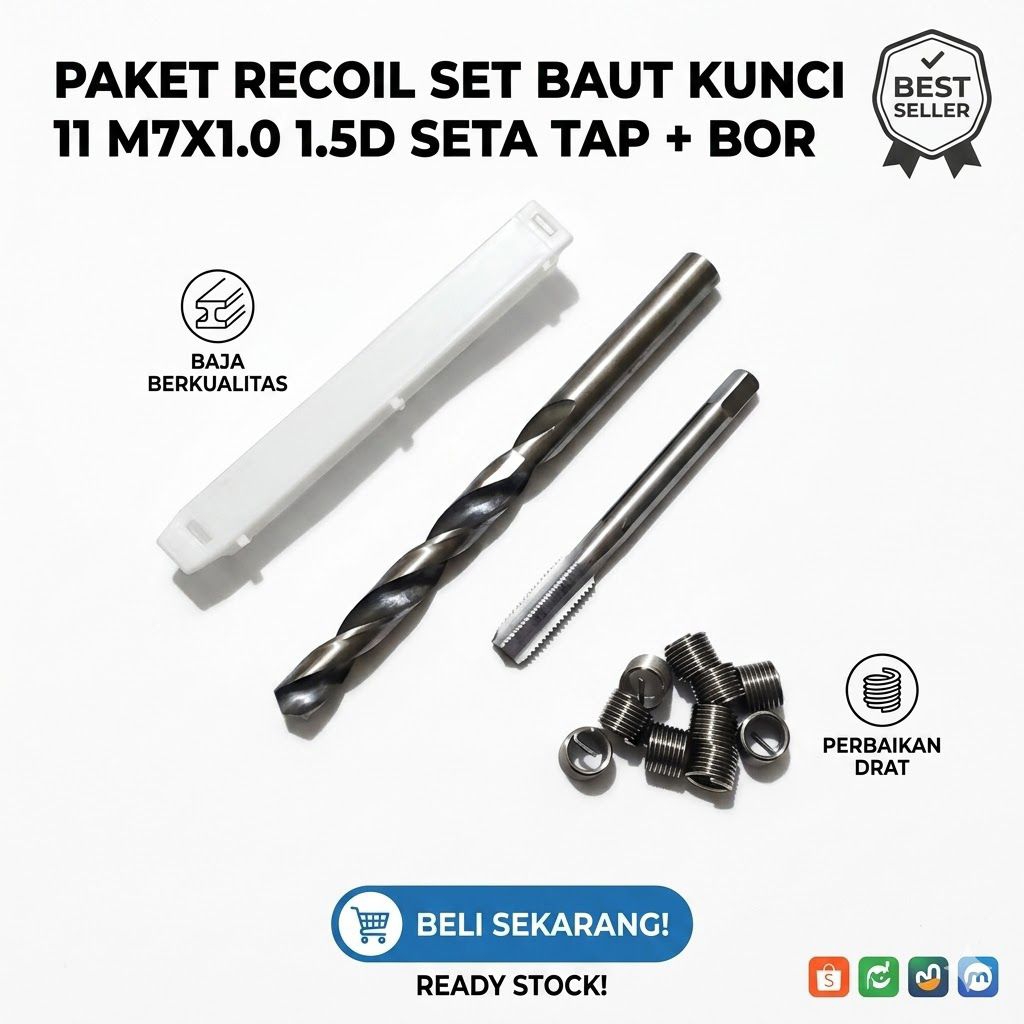 Paket Alat Reparasi Drat Baut 11 Recoil 10 pcs Recoil M7 Set Bor Tap Alat Verbos Baut 11
