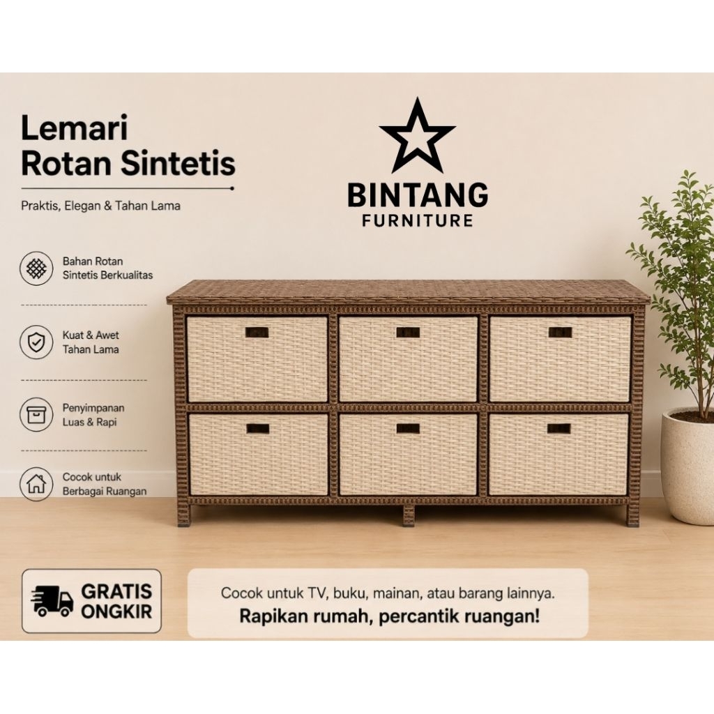 READY STOK Lemari Rotan Sintetis 6 Laci Lemari Plastik Meja Tv Rotan Minimalis Murah