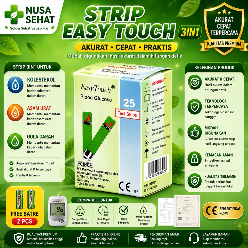 NusaSehatID Strip Easy Touch 3in1 Gula Darah Asam Urat Kolesterol Isi 25 Test Strips Akurat & Origin