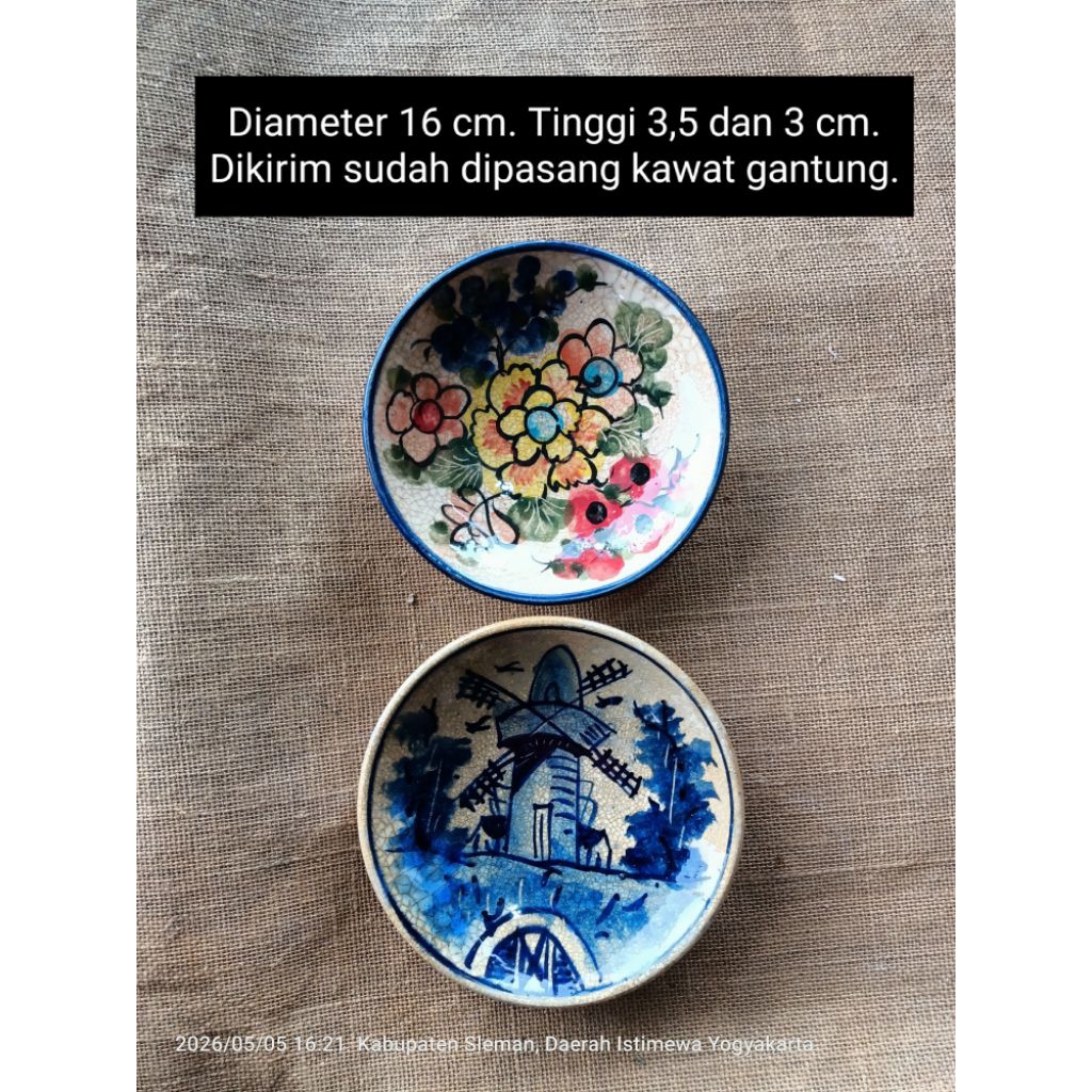 Diameter16 cm 2 buah piring keramik lukis bunga dan kincir biru dibuat seperti kuno untuk dekorasi h