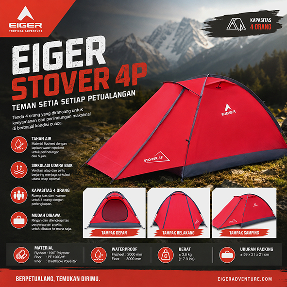 TENDA CAMPING EIGER STOVER 4P Untuk 4 Orang Duraluminium Polyester Ripstop Merah