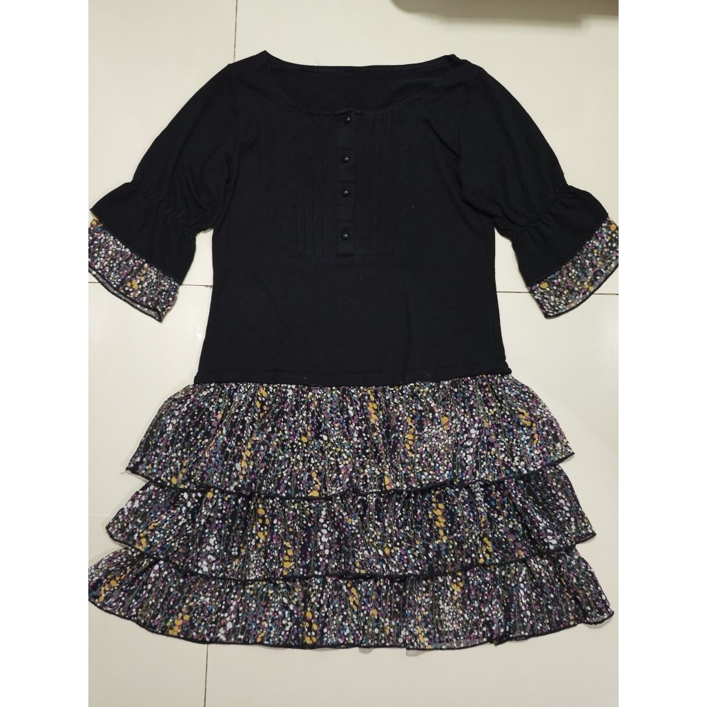 Dress kaos hitam umpak bunga casual cantik, remaja, anak LD 90-92