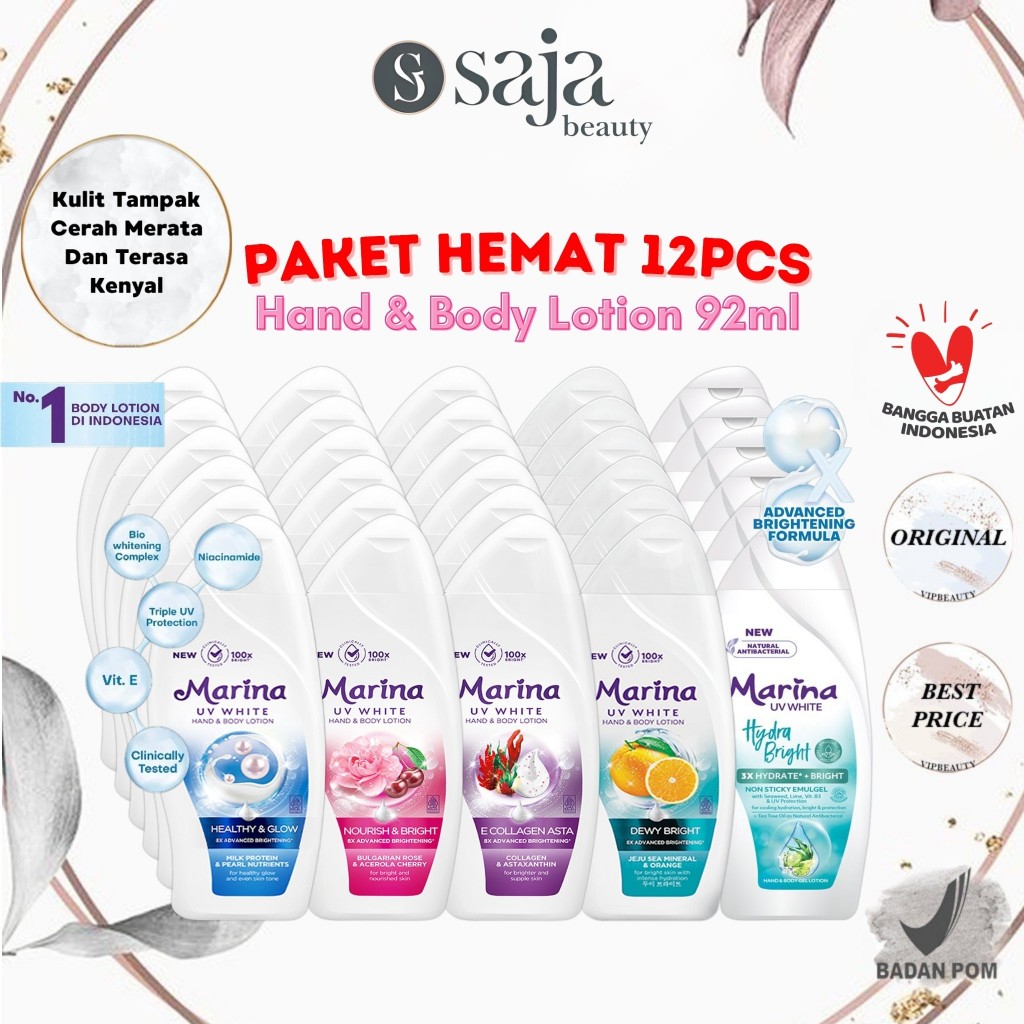 [PAKET 12PCS] MARINA Hand Body Lotion UV White 92ml - Nourish & Bright / Healthy & Glow / Dewy Brigh