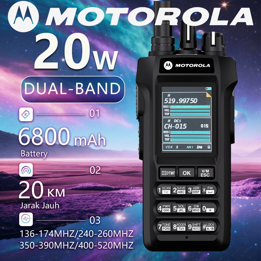 HT Motorola Walkie Talkie R8 Radio Genggam Jarak Jauh 20KM Dual Band UHF+VHF Daya 20 Watt Baterai