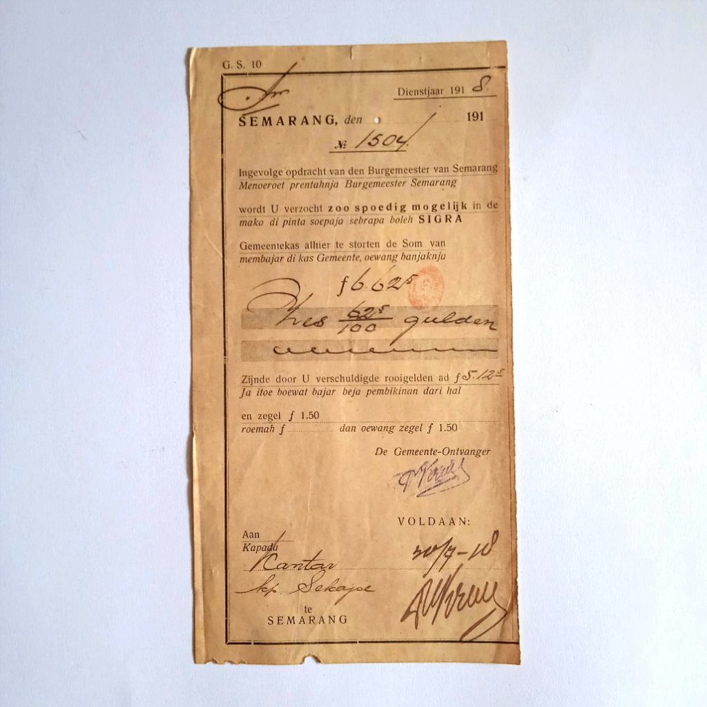 Antik Vintage Dokumen Lama Era Kolonial Kwitansi Pembayaran Resmi Pemerintah Hindia Belanda Semarang