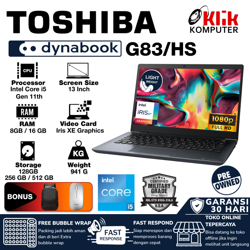 TOSHIBA Dynabook G83/HS i5 GEN 11 RAM 8GB/16GB SSD 256GB/512GB Slim Design & Very lightweight Laptop
