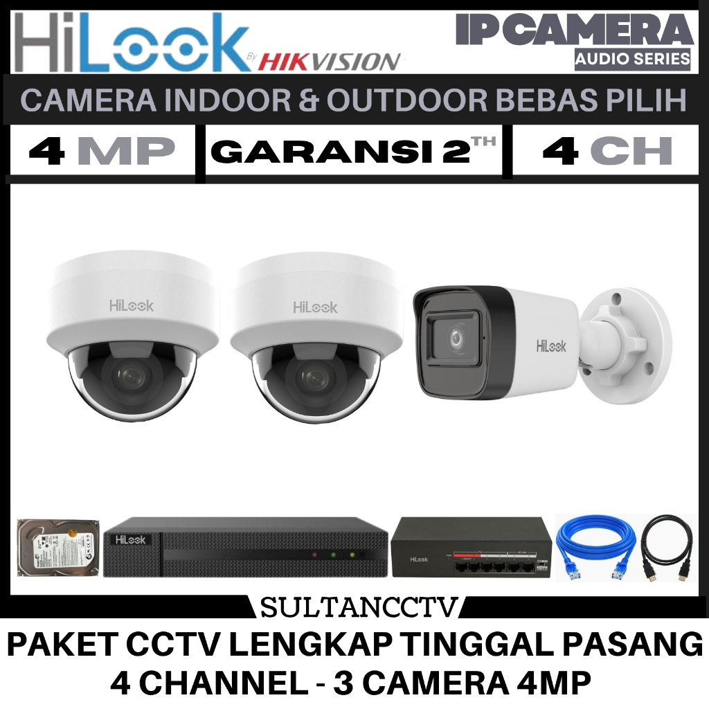 Paket Cctv Hilook 4 Channel 3 Kamera 4mp Ip Camera Audio Series Komplit Pantau HP