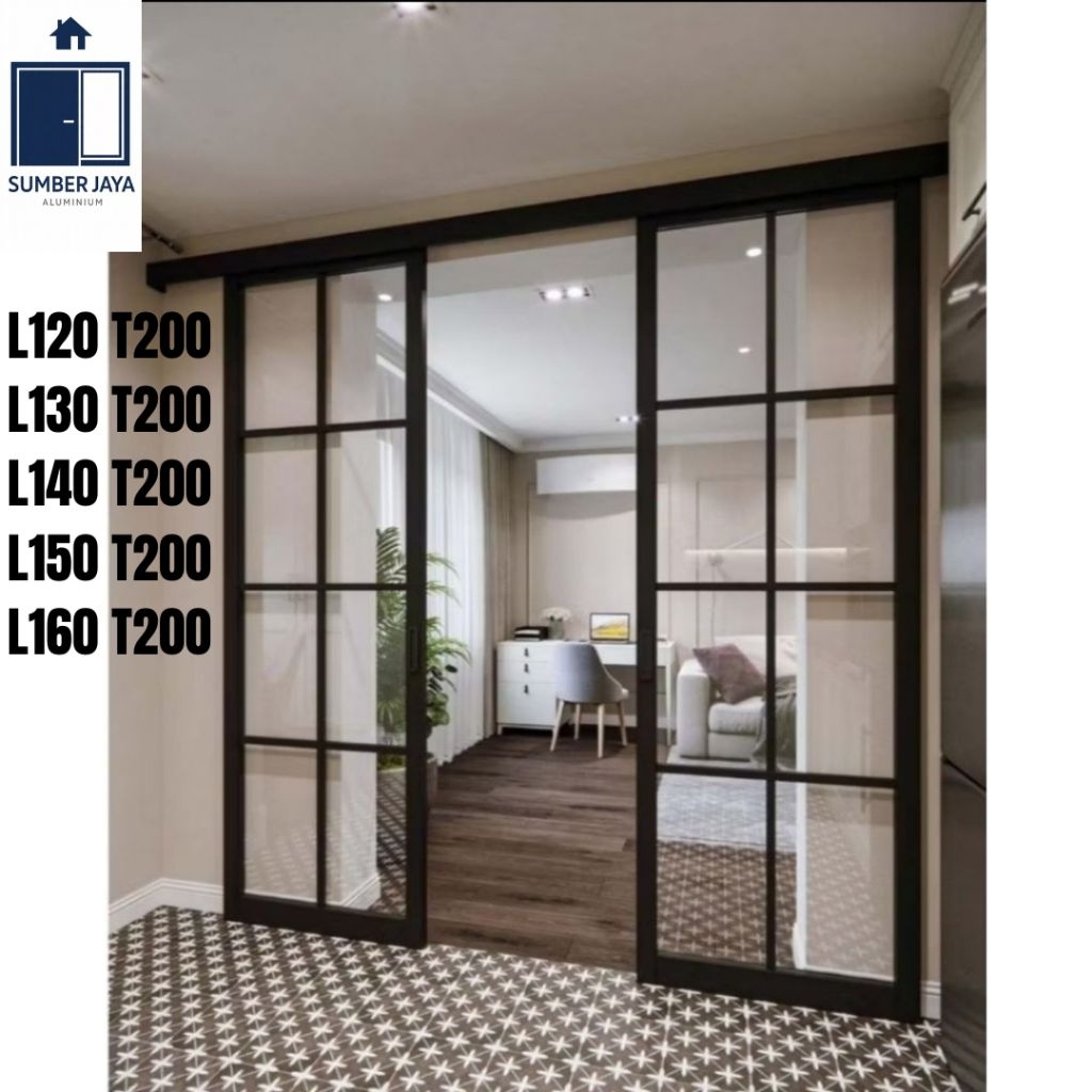 Pintu Utama sleding 2daun Aluminium Full Kaca+ornamen( Macam-Macam Ukuran)