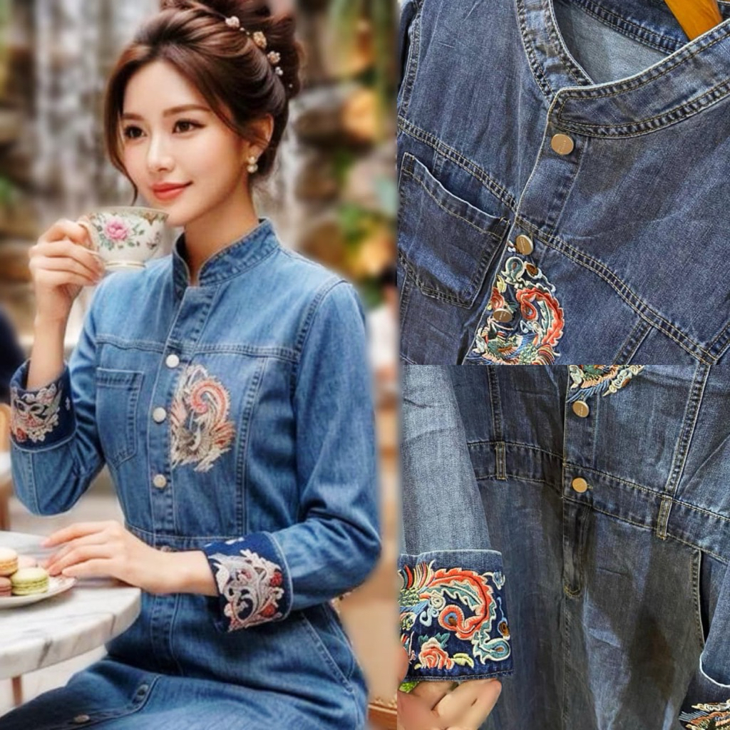Dress (Midi) Denim Embroidery Fit to M Blue Jeans