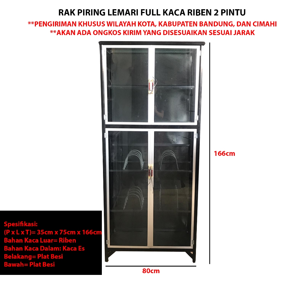 HANUMAN ALUMINIUM Rak Piring Lemari Full Kaca Riben 2 Pintu