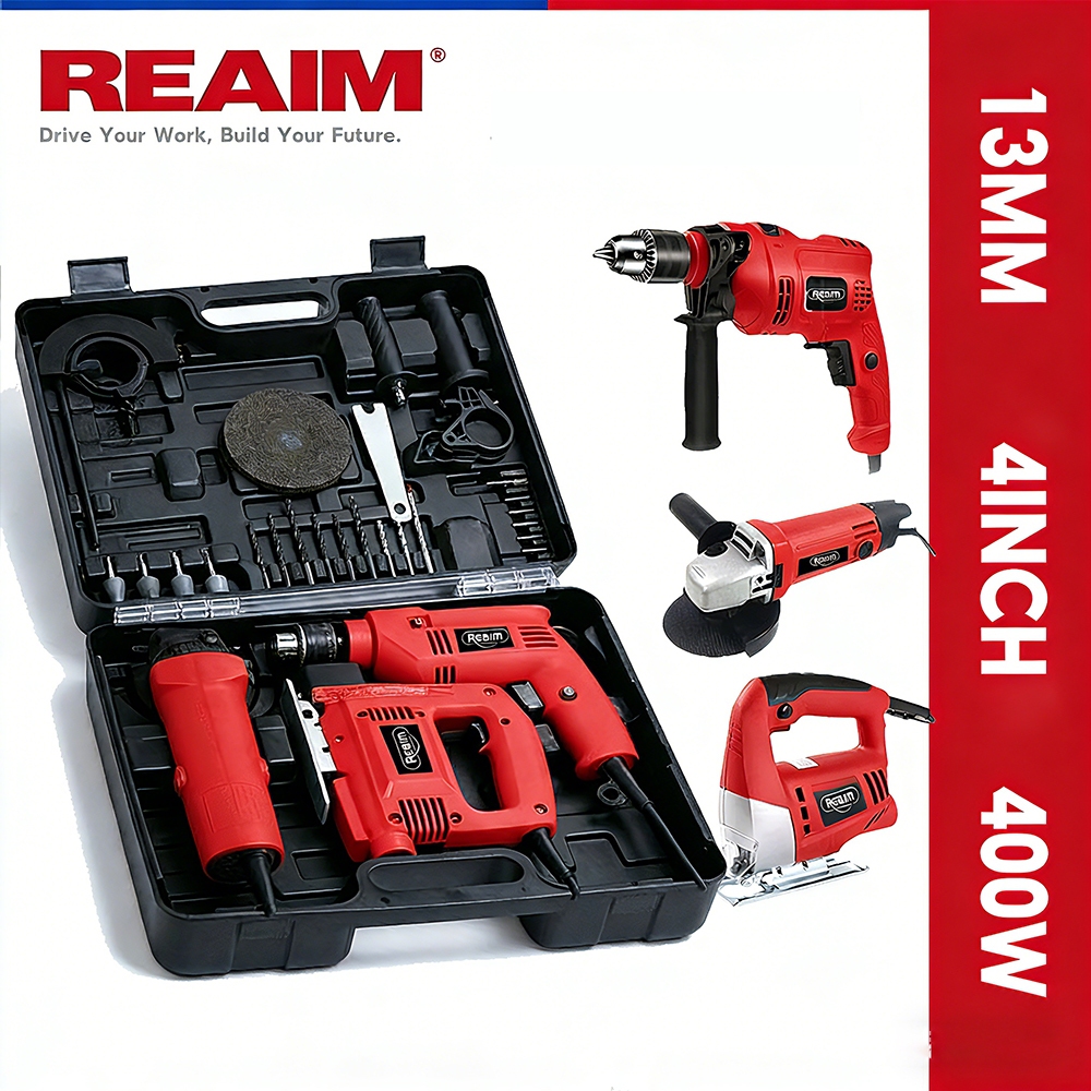 REAIM Bor Listrik Dan Gerinda Listrik dan Mesin Gergaji Jigsaw 3 in 1 Paket Power Tools