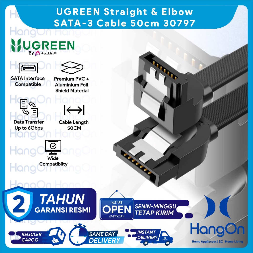 UGREEN 30797 Straight & Elbow SATA-3 Cable 50cm Kabel Data SATA 3.0 Harddisk HDD SSD 6 Gbps Data Tra
