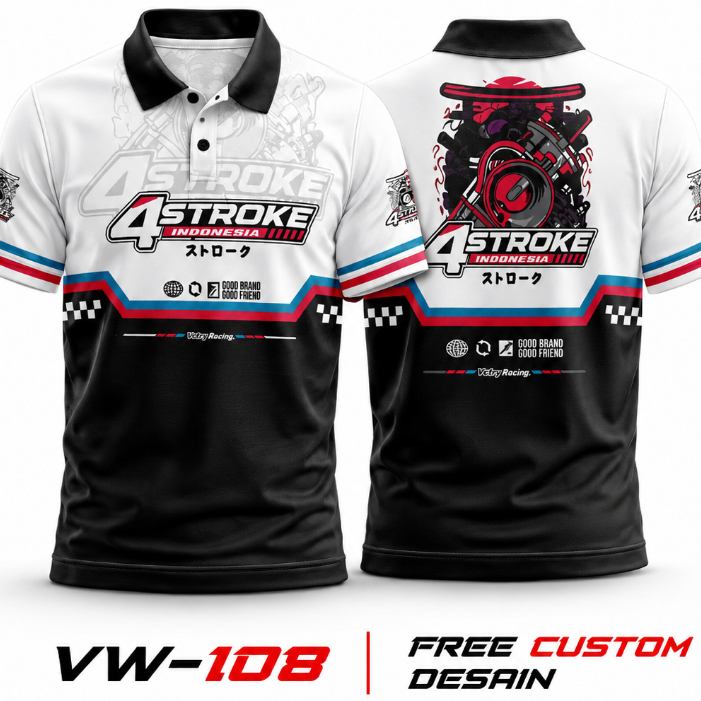 JERSEY KAOS RACING CUSTOM 4 STROKE KERAH KANCING V-NECK, KAOS SATUAN, BAHAN FULLPRINT VW108