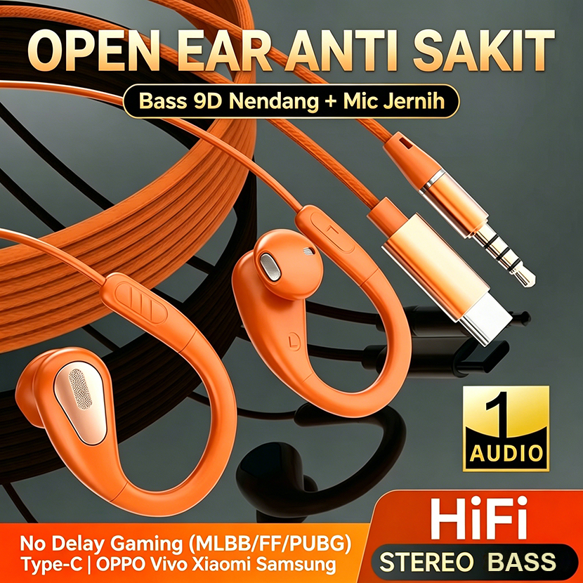 Headset Kabel Type C Gaming Warna Orange Braided Nilon Anti Putus Earphone Open Ear 0 Delay Mic Jern