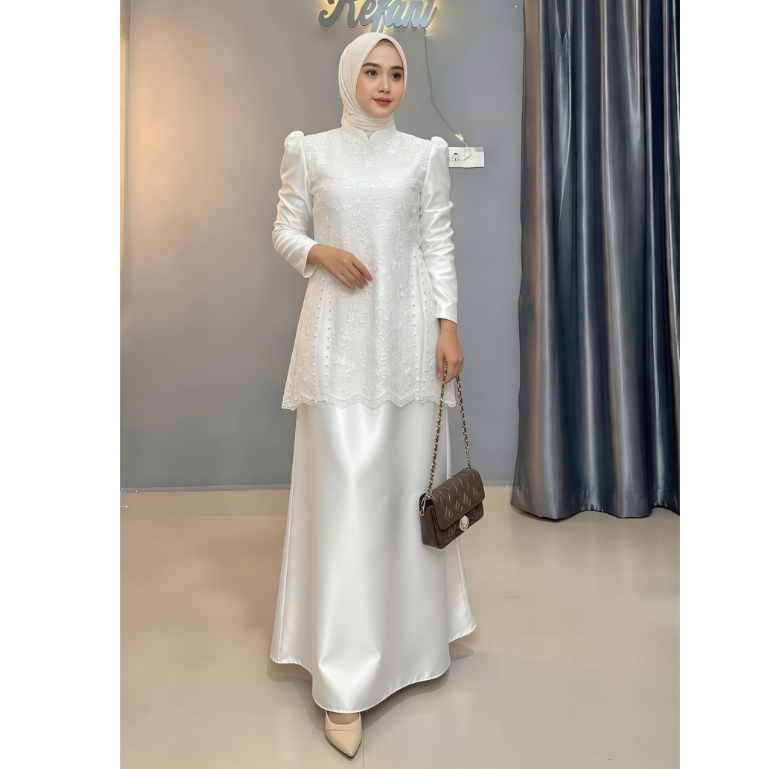 Baju Lebaran Putih Model Brokat 2026 Terbaru Gamis Rania Dress Pesta Brokat Aplikasi Mutiara  Mewah 