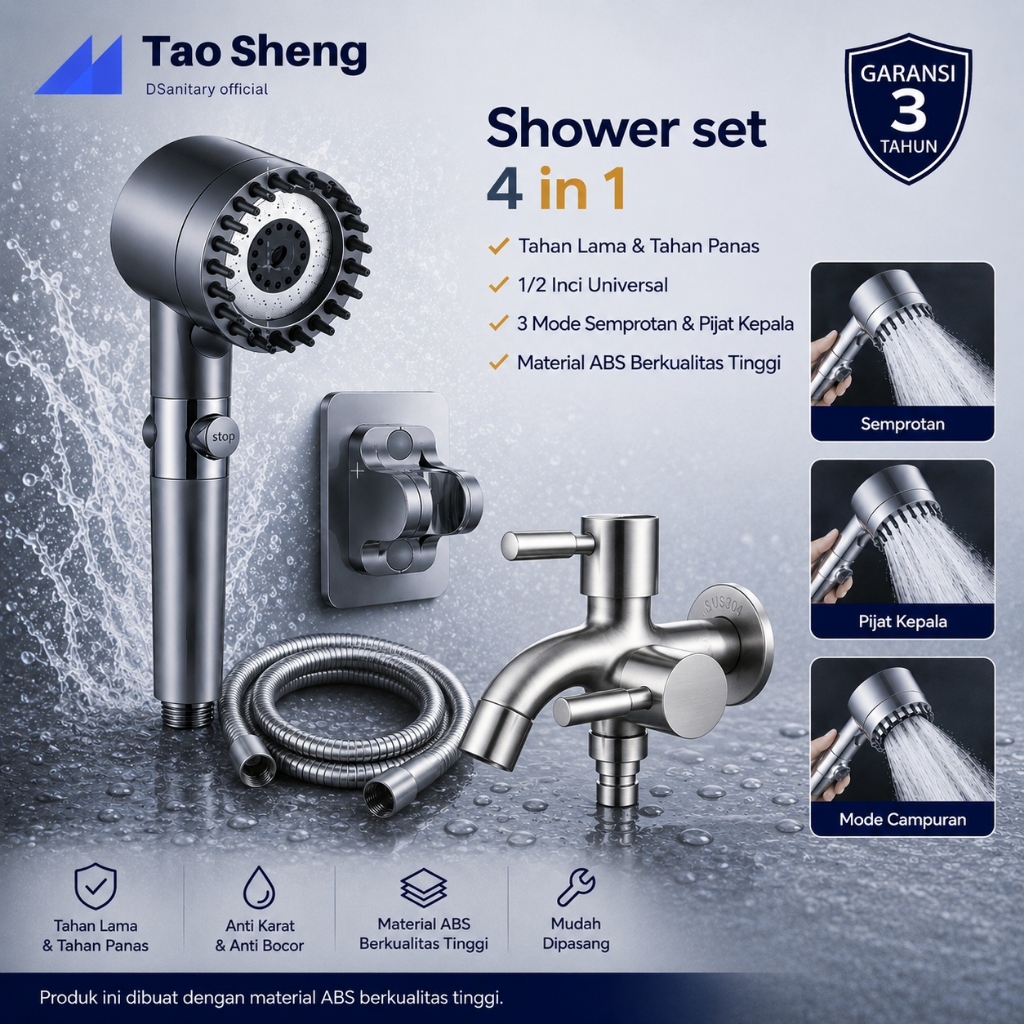 Shower Set 4in1 Minimalis Modern | Hand Shower Tekanan Air Kuat | Dudukan Tempel Tanpa Bor + Kran Se