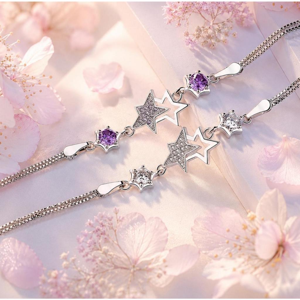 (Hits) Gelang Tangan Bintang Kristal Ungu Mewah Lapisan Perak Elegan - (COD)