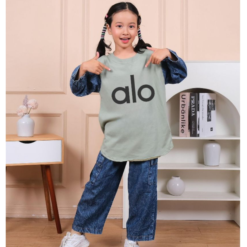 (Gratis Ongkir) Setelan Baju Alo Anak Perempuan 3-14 tahun Celana Jeans Cargo Outfit Nyaman