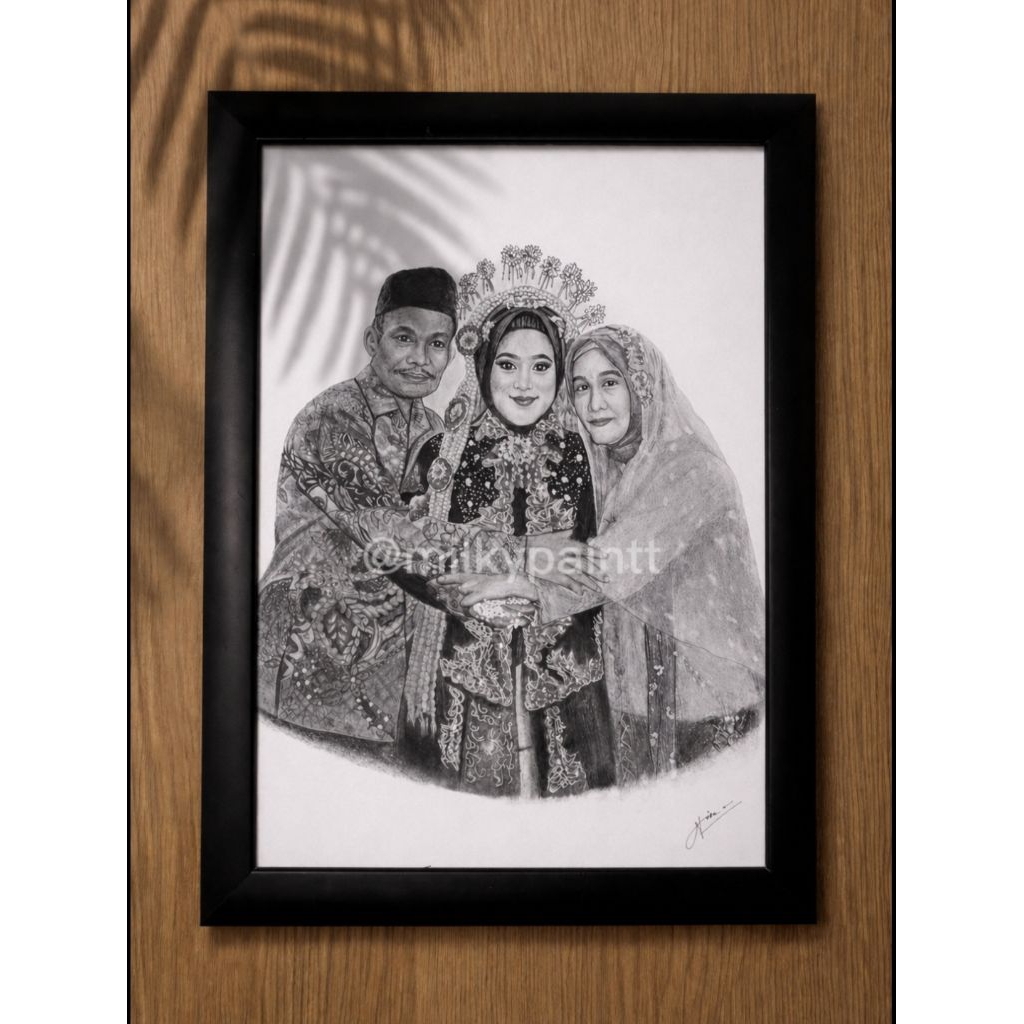 Lukisan Sketsa Pensil Hitam Putih Custom A4 + Frame | Kado Wisuda Anniversary Graduation