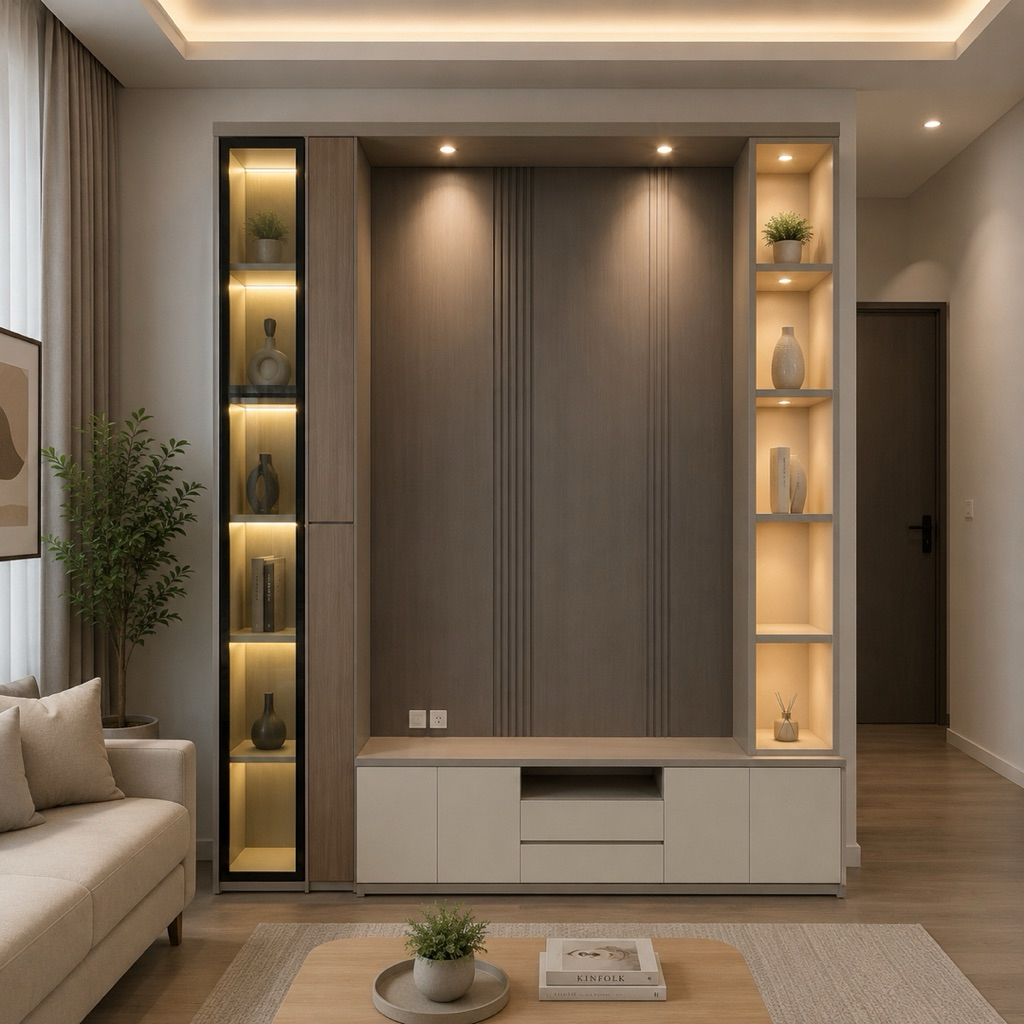 Backdrop TV Minimalis Modern Coklat Abu Rak LED Cabinet TV Elegan Premium