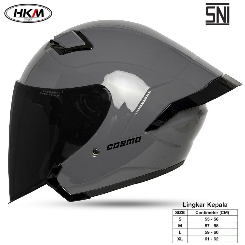 HELM HKM  COSMO sni original grey glos free spoiler helm half face dewasa kaca hitam hkm cosmo