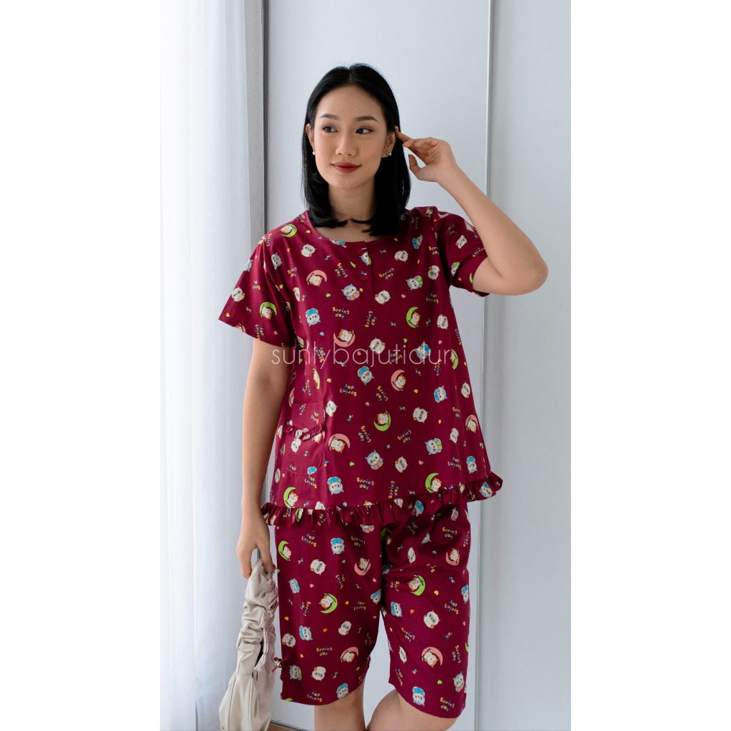 Baju tidur piyama 3L merek Sunly lengan pendek celana 3/4 bahan katun adem